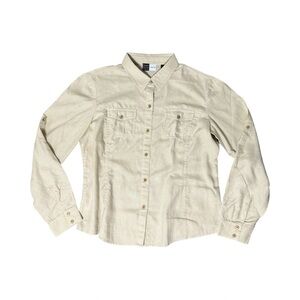 Saks Fifth Avenue Threads 100% Linen Utility Top Womens S 12 Beige Button Down